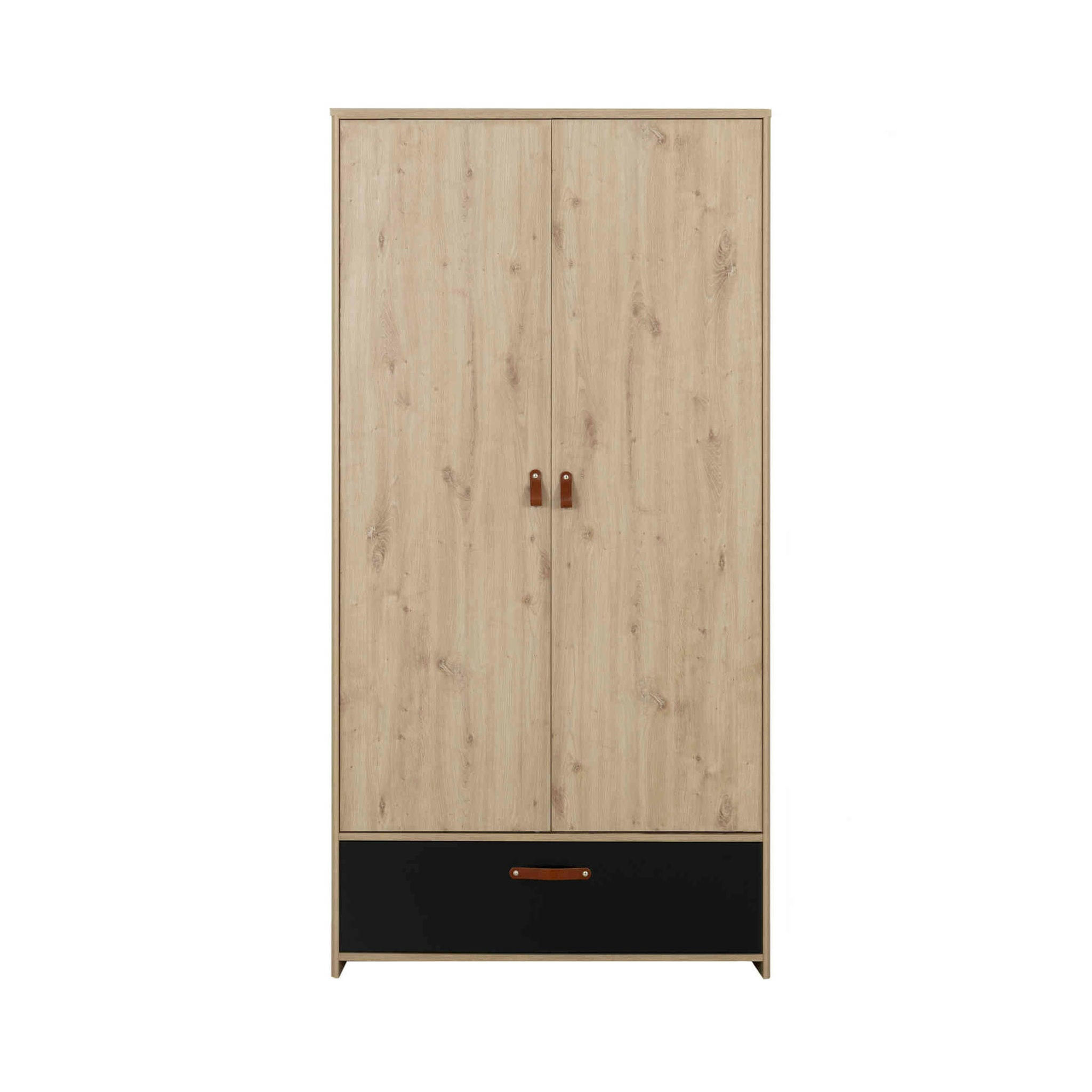 - Armoire 2 portes 1 tiroir en bois imitation chêne clair et noir 200cm
