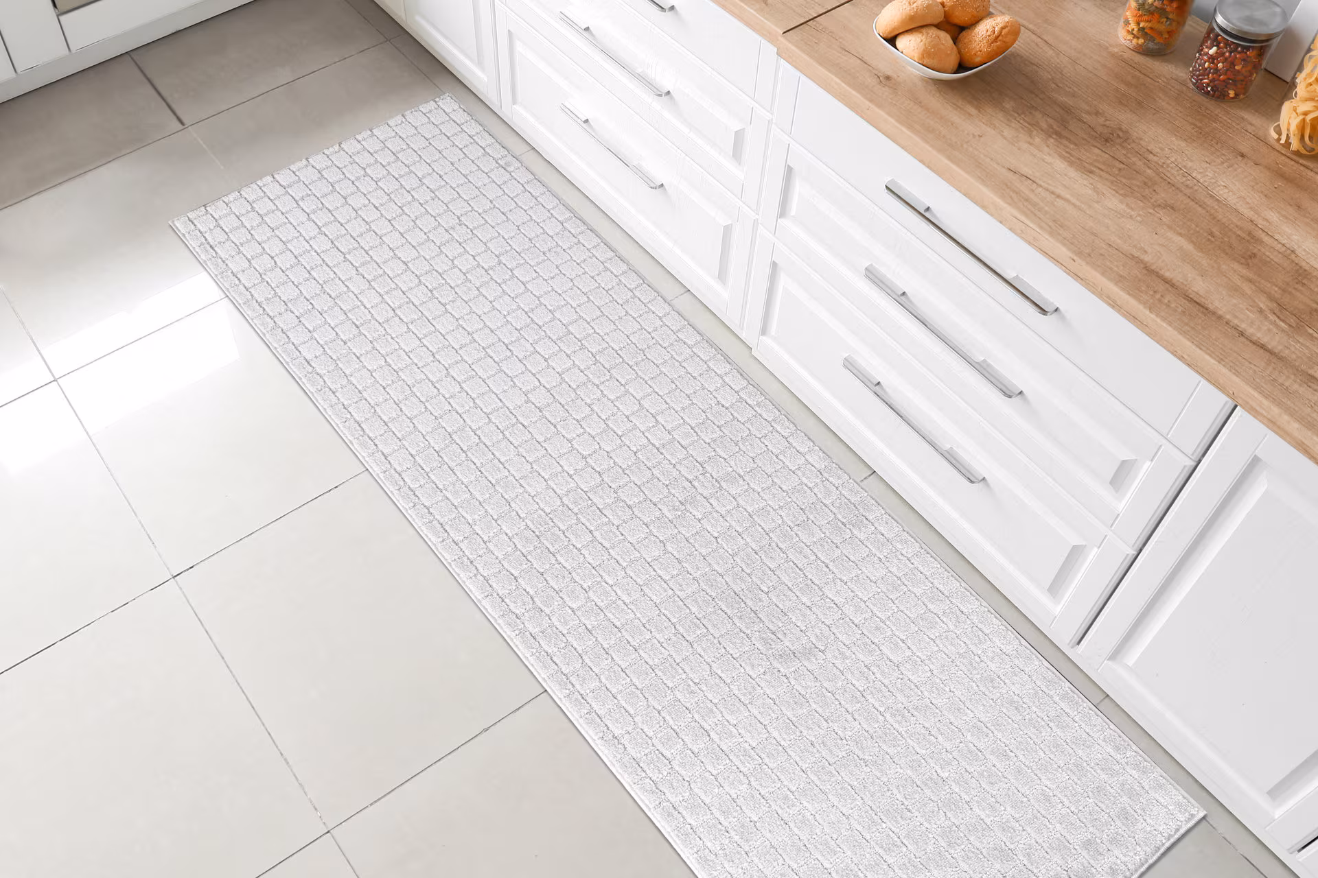 Non-Slip Bathroom Vanity Kitchen Laundry Carpet Runner Rug | Machine Washable | White Pale Gray or Gold Tan