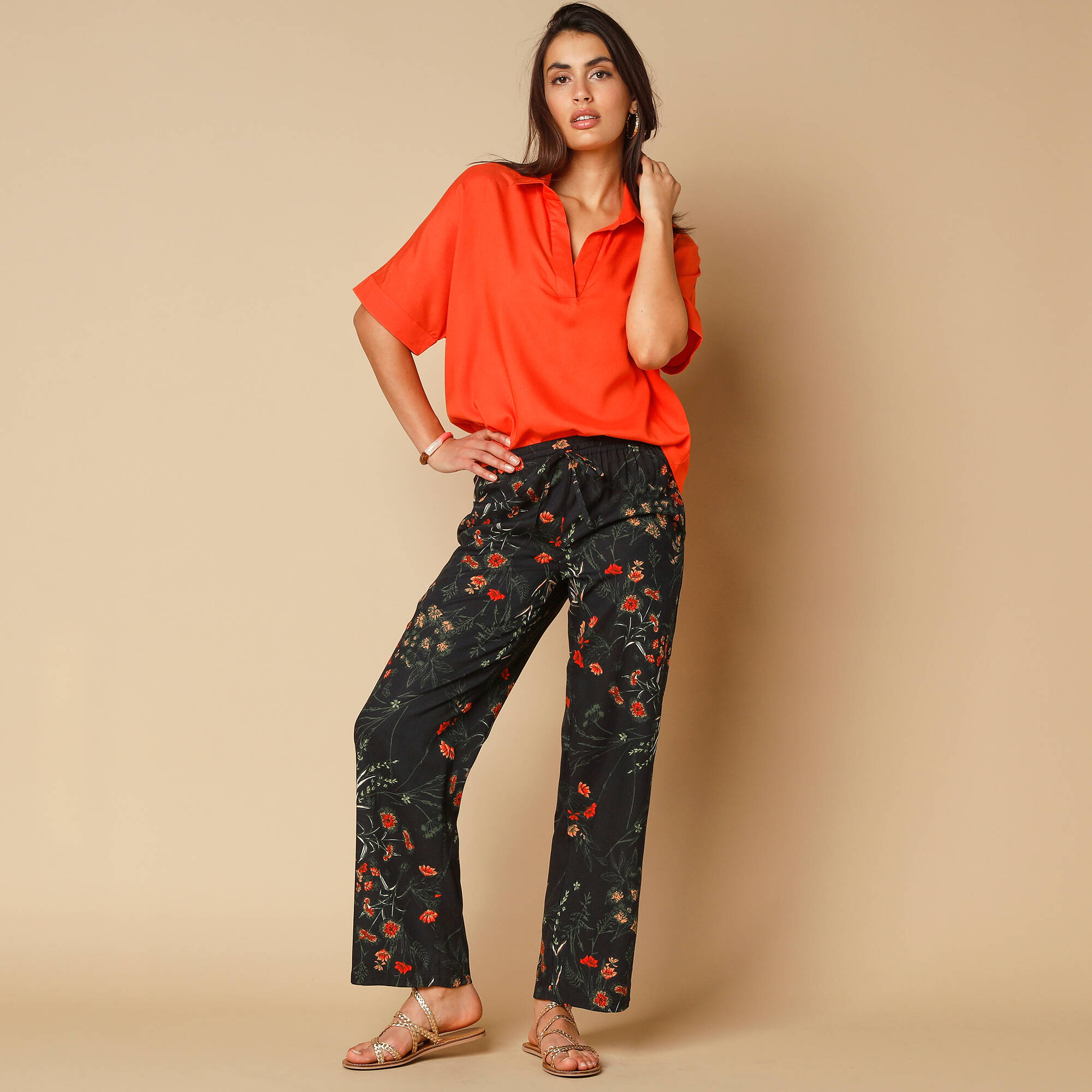 Pantalon large fluide, imprimé fleuri