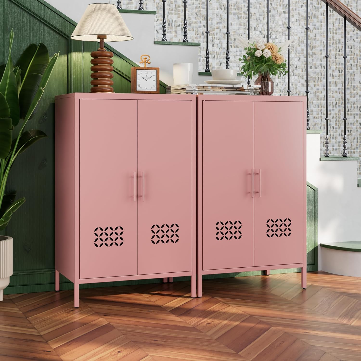 Metal Storage Cabinet with Adjustable Shelves,Metal Sideboard Cabinet with 2 Doors for Home,Office, 42 H x 26 W x 14 D,Assembly Required,Pink
