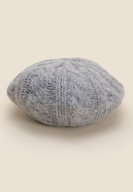 Womens Grey Cable Knit Beret Hat