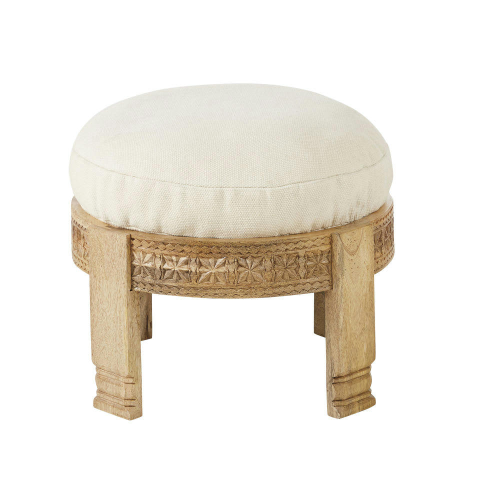 SHAINA - Tabouret en bois de manguier et coussin en coton beige