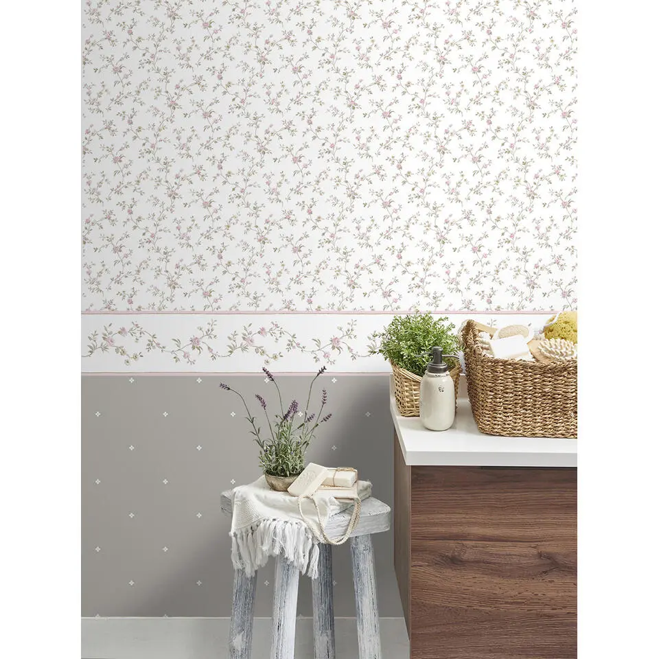 Sanders & Sanders behang bloemetjes vergrijsd groen, paars en wit