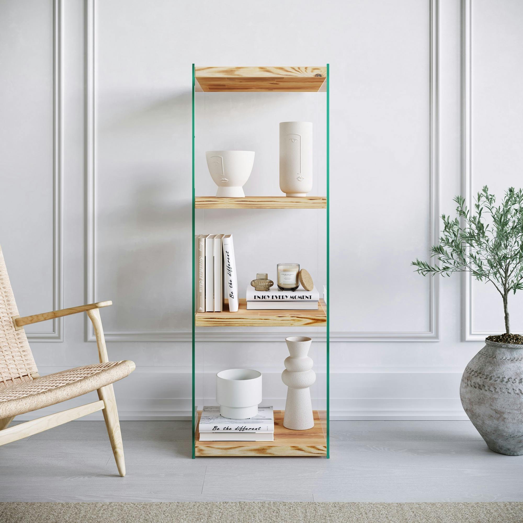 Colonne vitrine design - bois clair, 4 plateaux LHASA