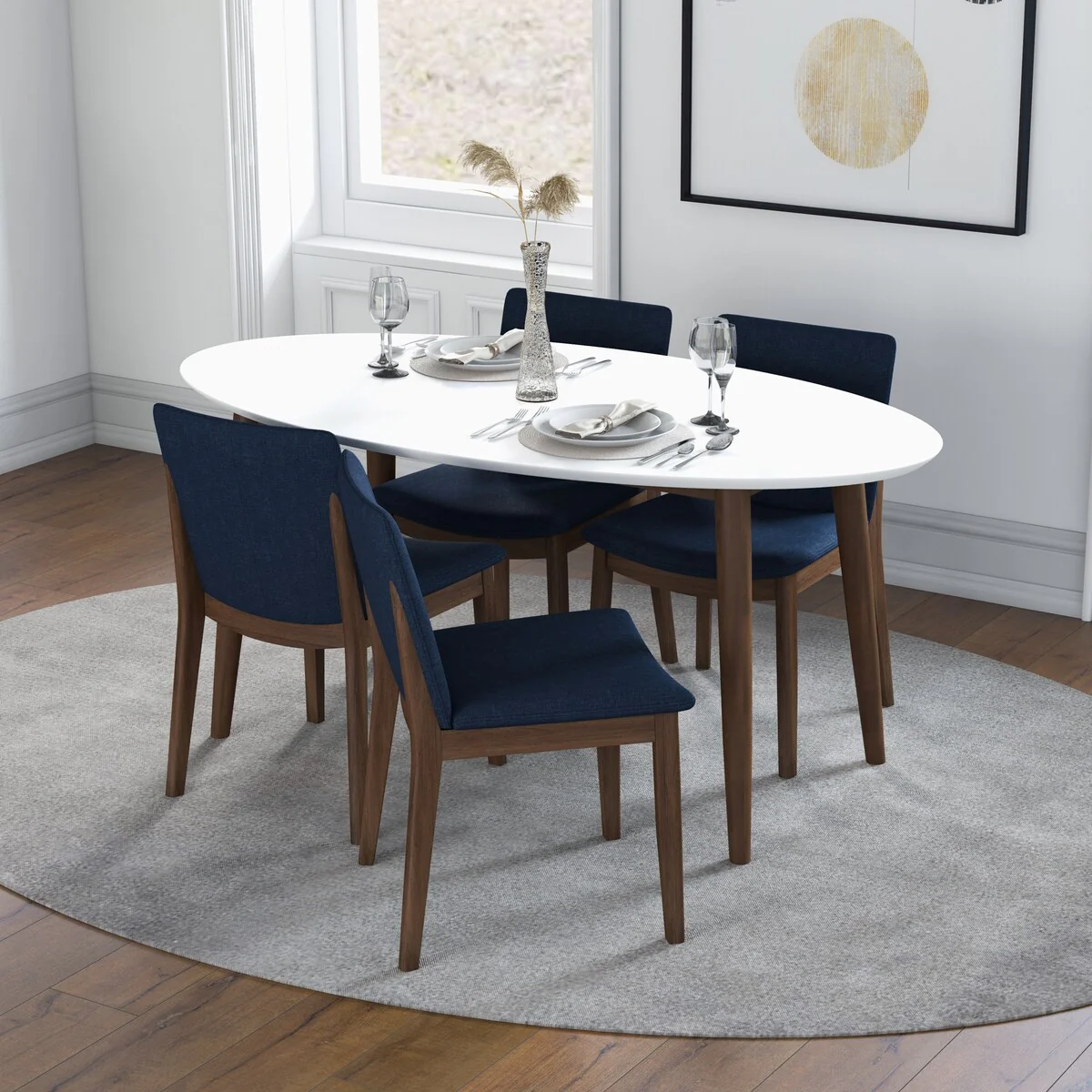 Kacia 5-Piece Mid-Century Modern Oval Dining Set with 4 Linen Dining Chairs in Blue