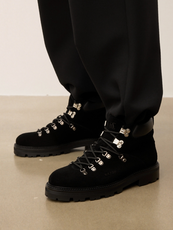 Black suede and natural leather boots