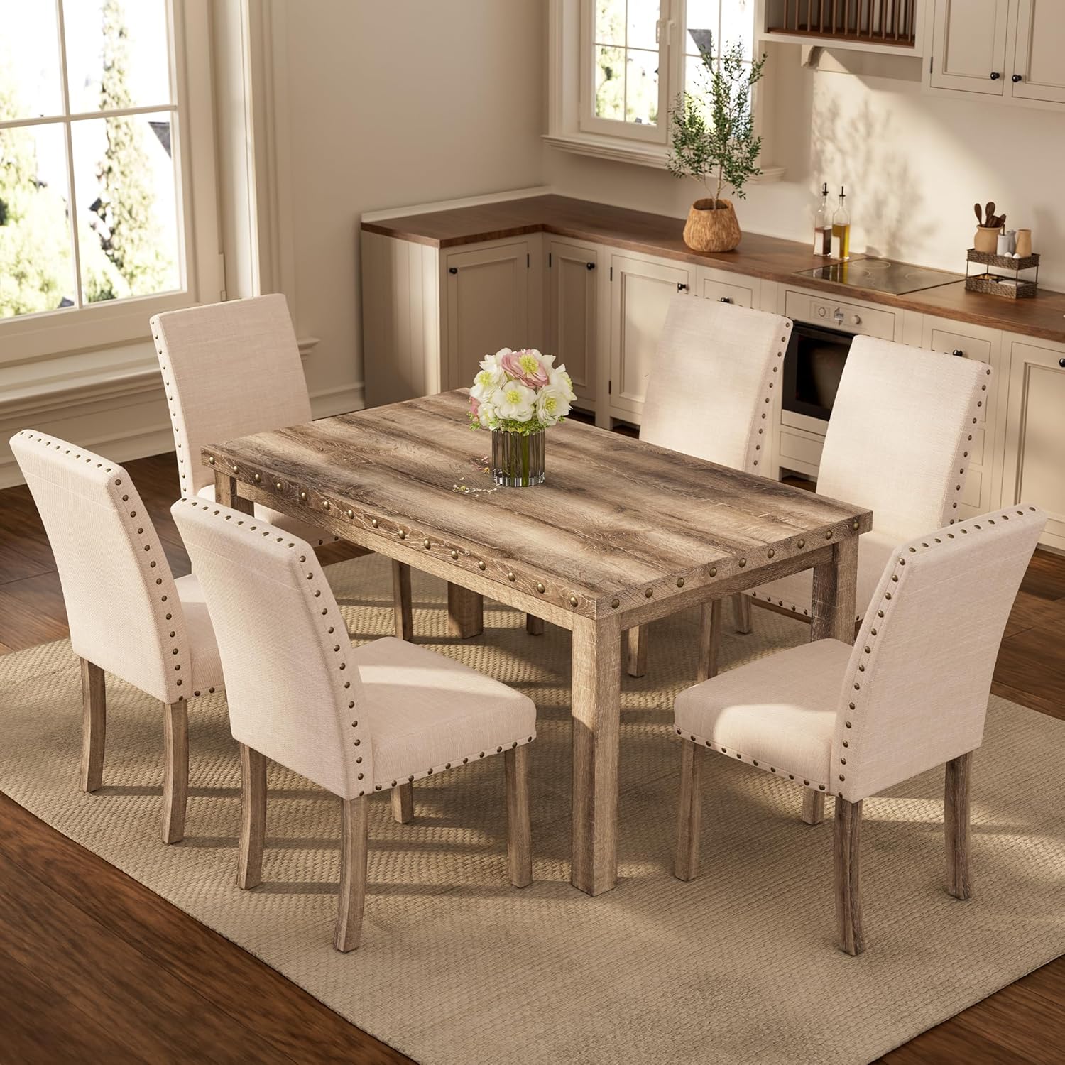 Morden Fort Rustic Dining Table Set for 6, Farmhouse Kitchen Dining Chairs for 6, Charming 60 Rectangular Wooden Table&6 Upholstered Chair with Nailhead Accents for Dining Hub,Breakfast Nook