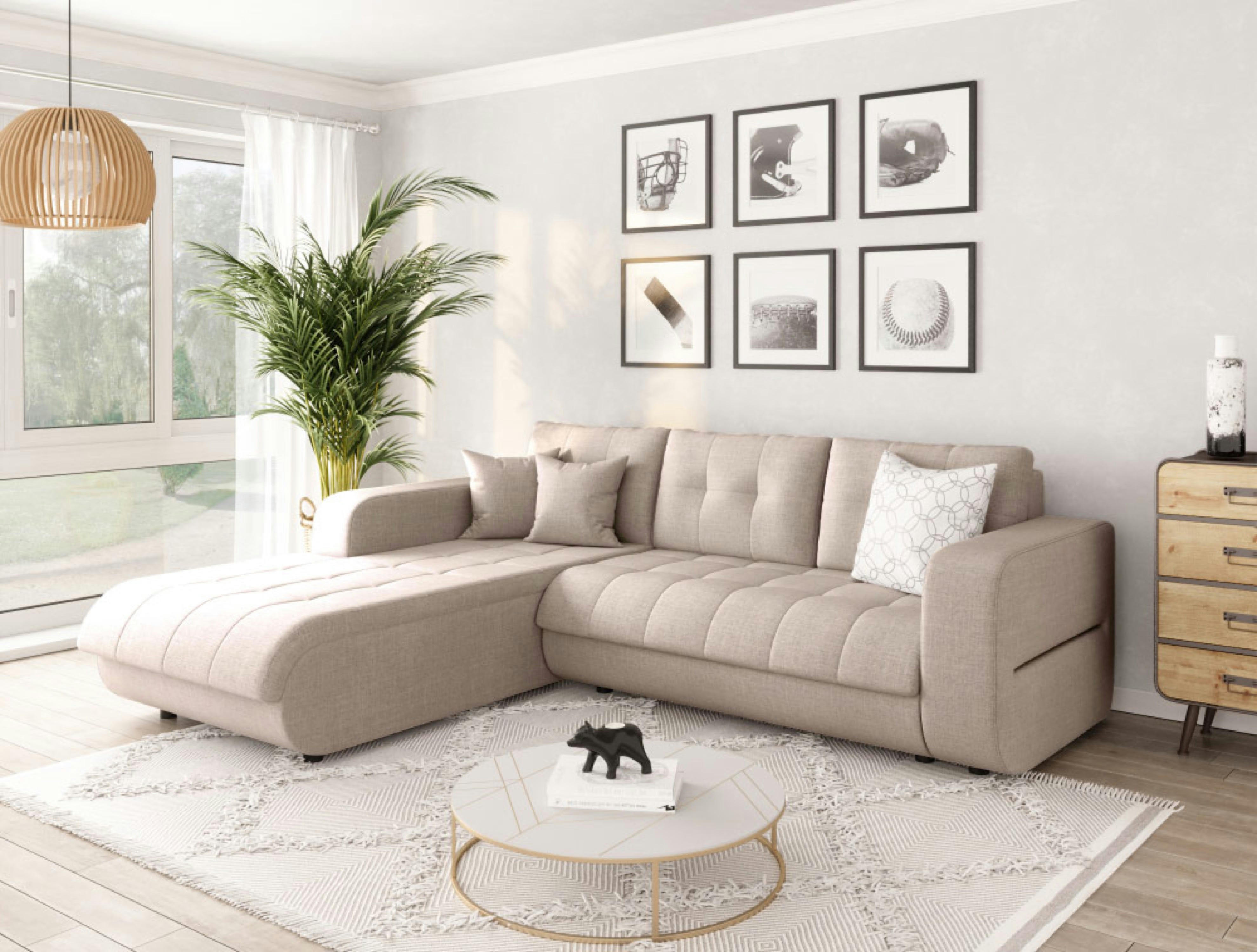 SUZIE - Canapé d'angle gauche convertible en tissu beige