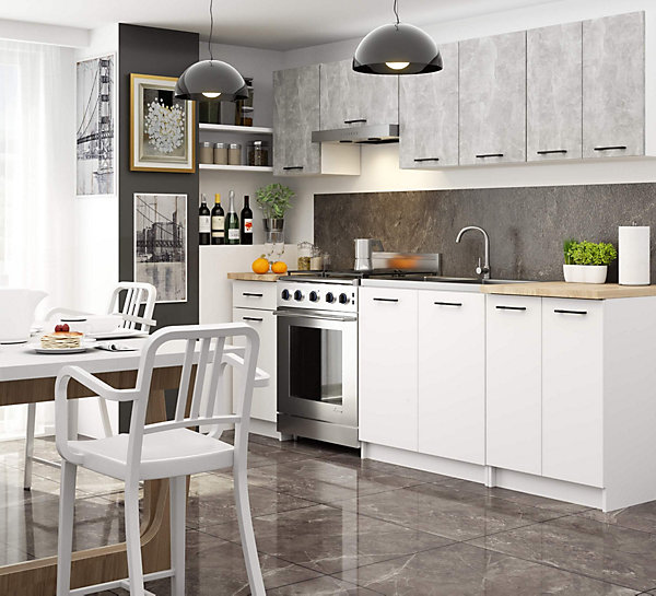 Ensemble de cuisine : béton / blanc, D : l : 240 cm, h : 203 cm, p : 46 cm.