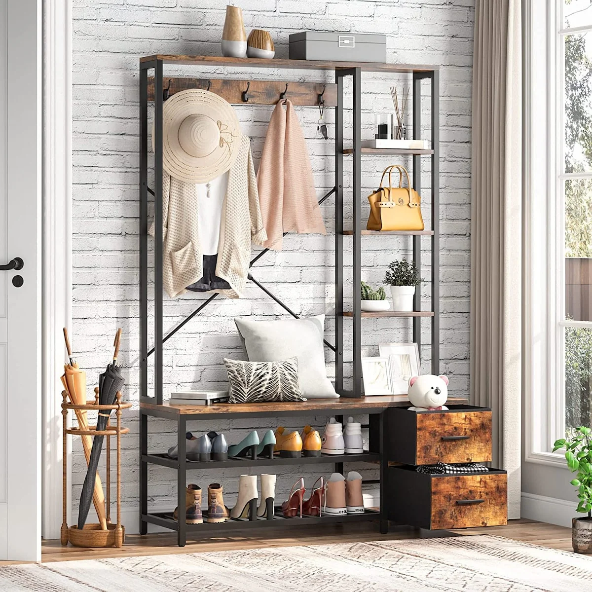 Coat Rack Shoe Bench with Drawers, 4 in 1 Hall Tree - 47.24”L * 15.75”W * 70.87“H