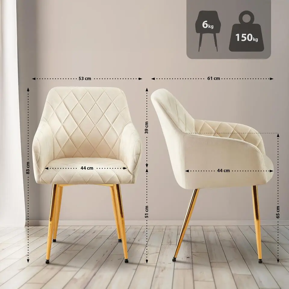 CLP Set van 2 Eetkamerstoel Monett goud Frame - Fluweel - creme