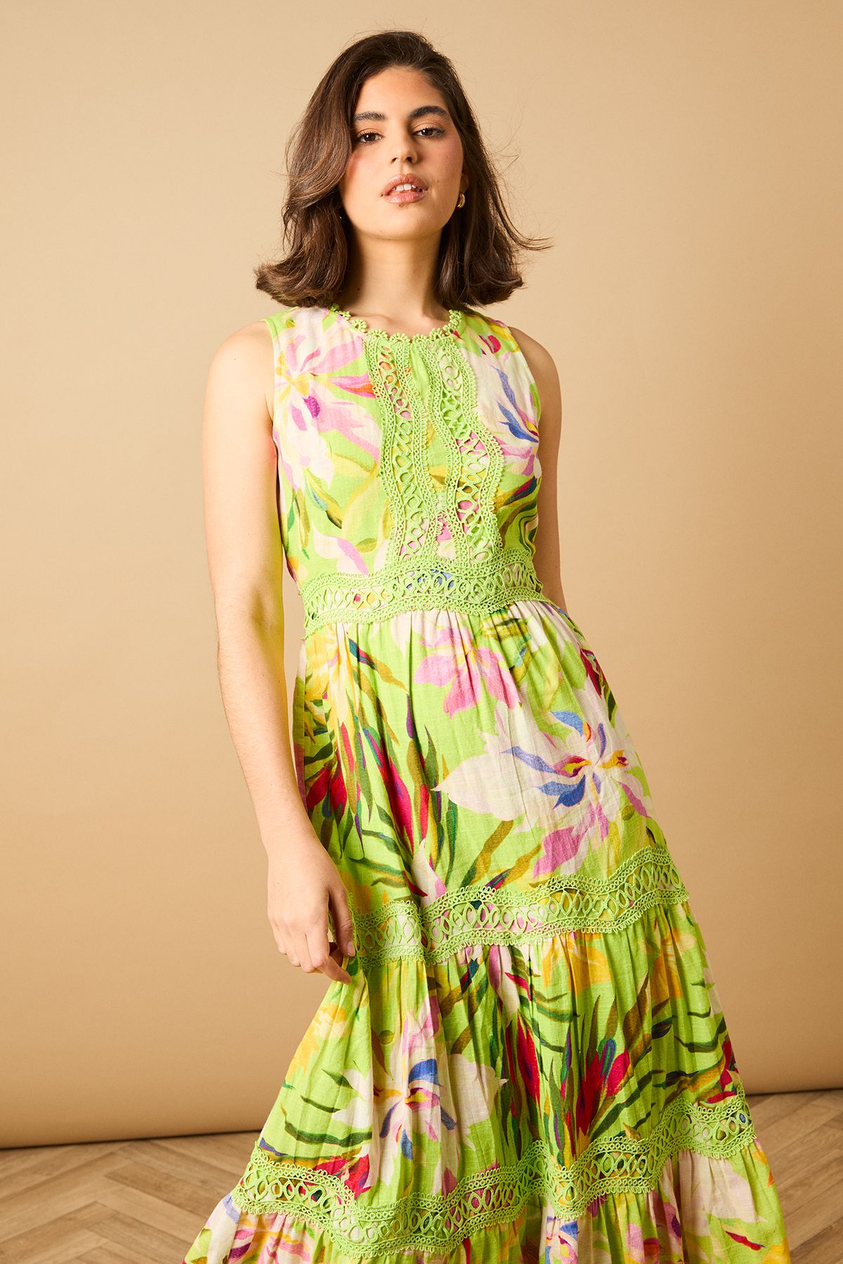 Oasis Printed Lace Detail Keyhole Tiered Maxi Dress