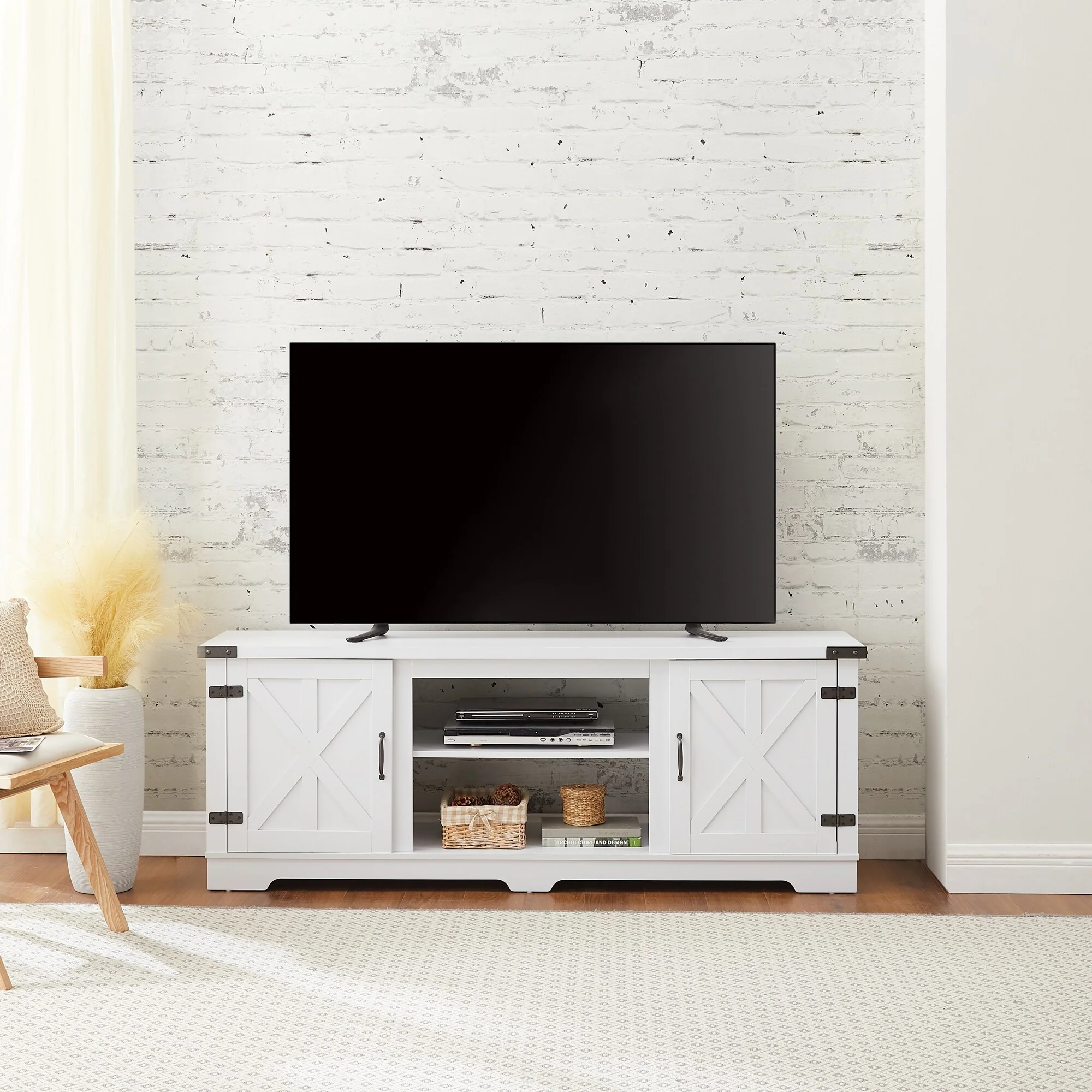 White 65 TV Stand with Open Shelves & Closed Cabinets for TVs Up to 70