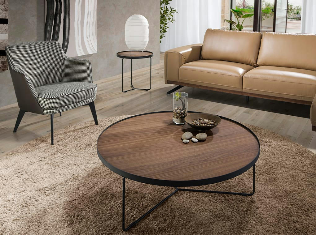 - Table d'appoint ronde effet bois noyer et acier noir