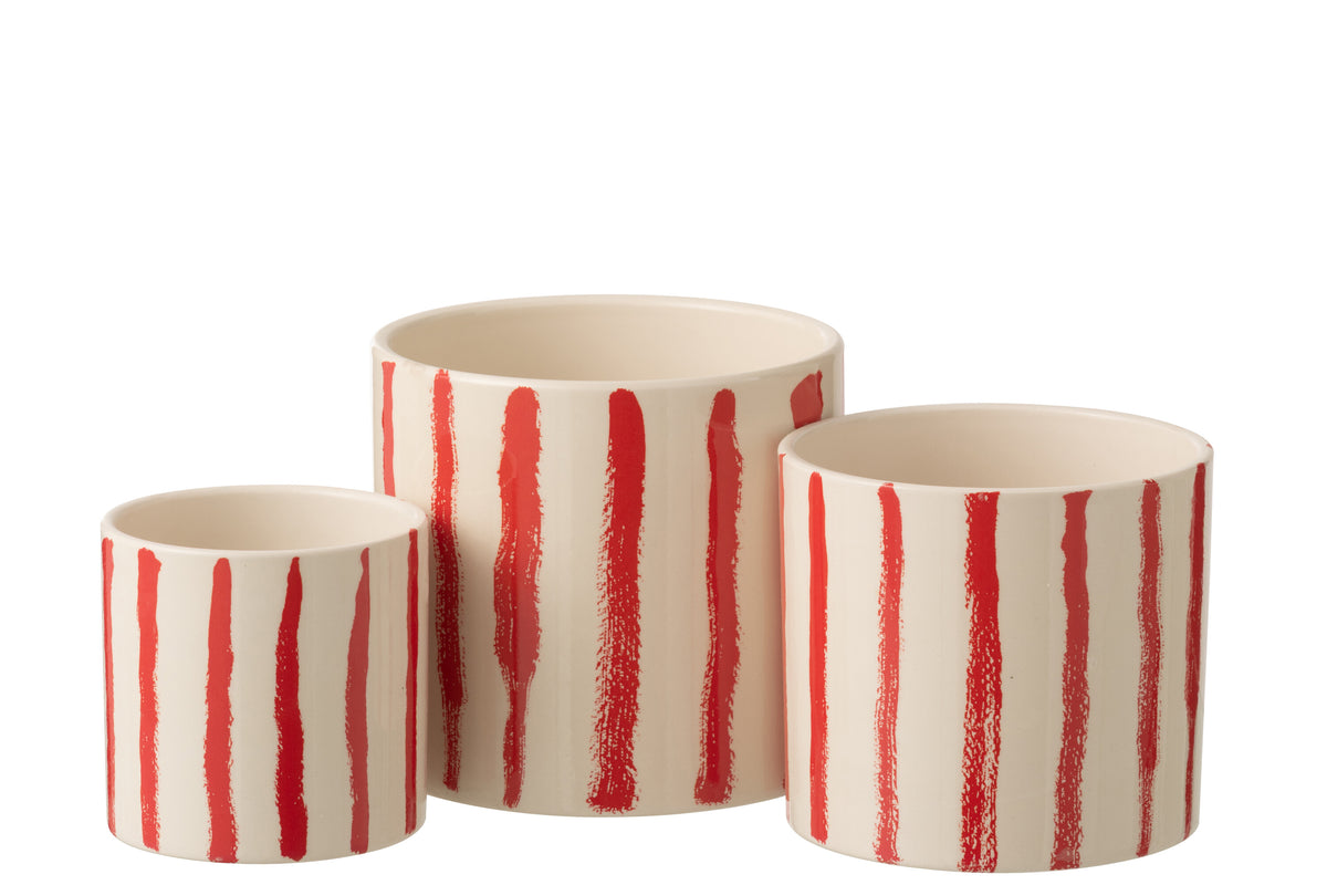 J-Line bloempot Gestreept - keramiek - wit/rood - set van 3