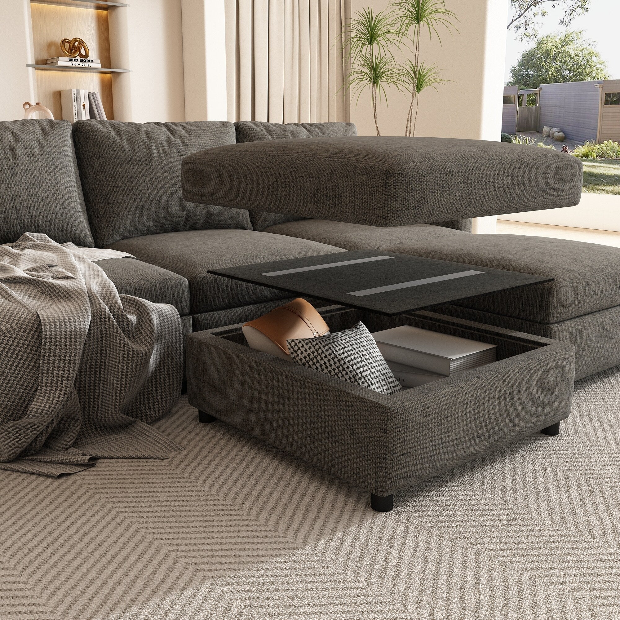 123.6 Chenille U-Shaped Sectional Sofa with Storage and Ottoman, 6-Seater