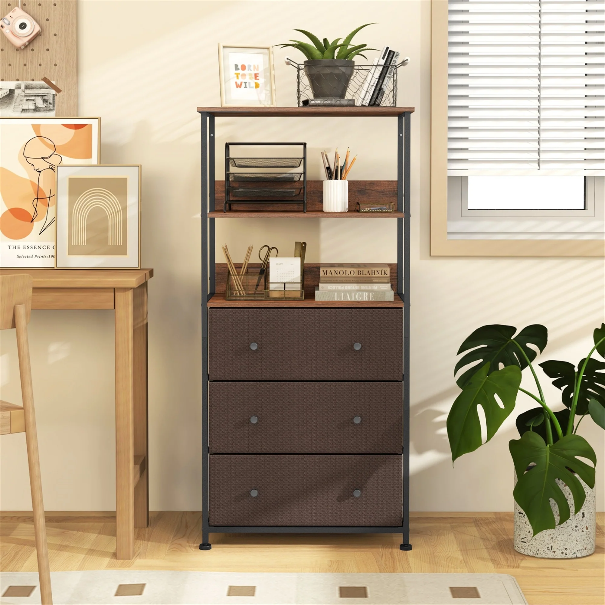 Gymax 3 Drawer Dresser w/ Open Shelves Home Vertical Fabric Storage