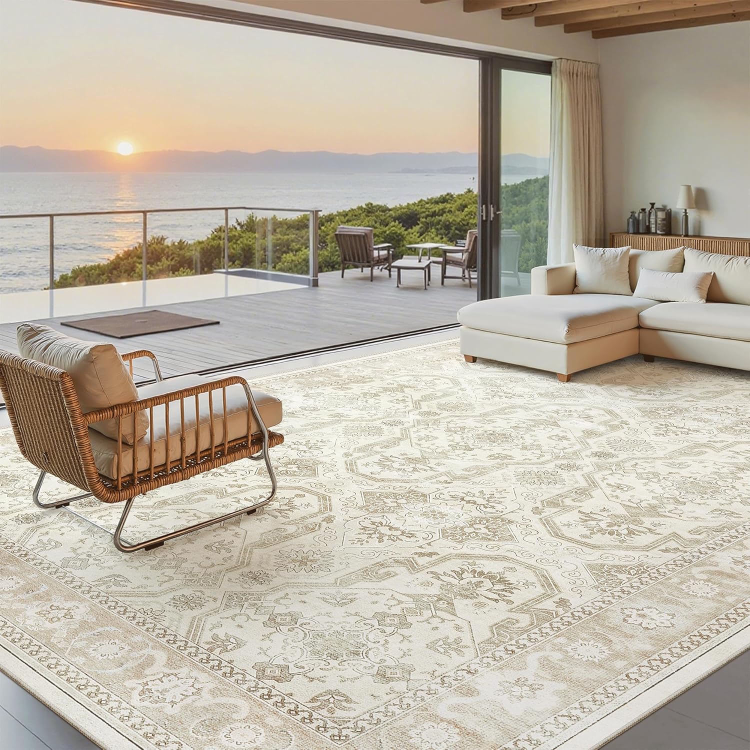 Soalmost 9x12 Area Rugs for Living Room, Non Slip Machine Washable Vintage Rugs, Low Pile Lightweight Large Rug for Bedroom, Dining Room, Home Office Beige/Brown