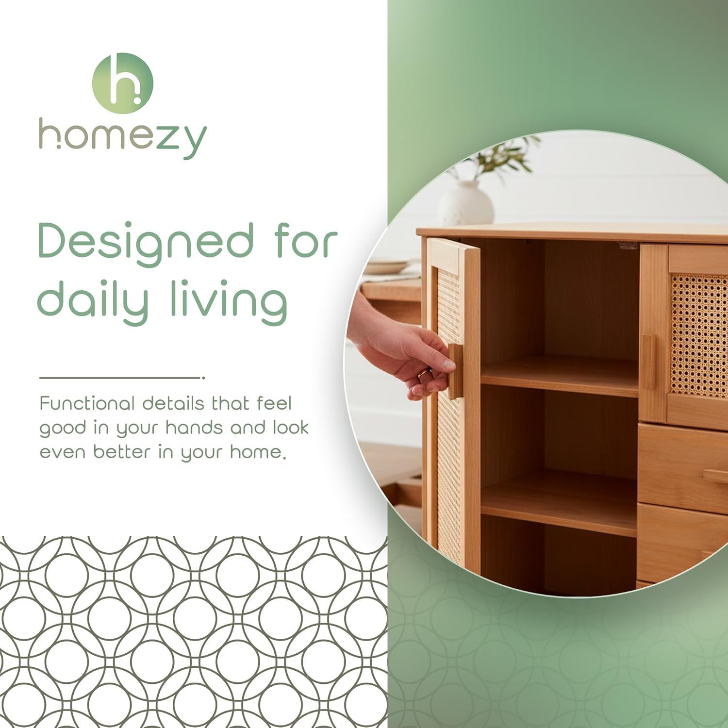 Nature Sideboard with 2 Doors, 3 Drawers & 4 Inner Shelves – Spacious Buffet Cabinet with Woven Rattan Doors – Versatile Storage for Dining or Living Spaces