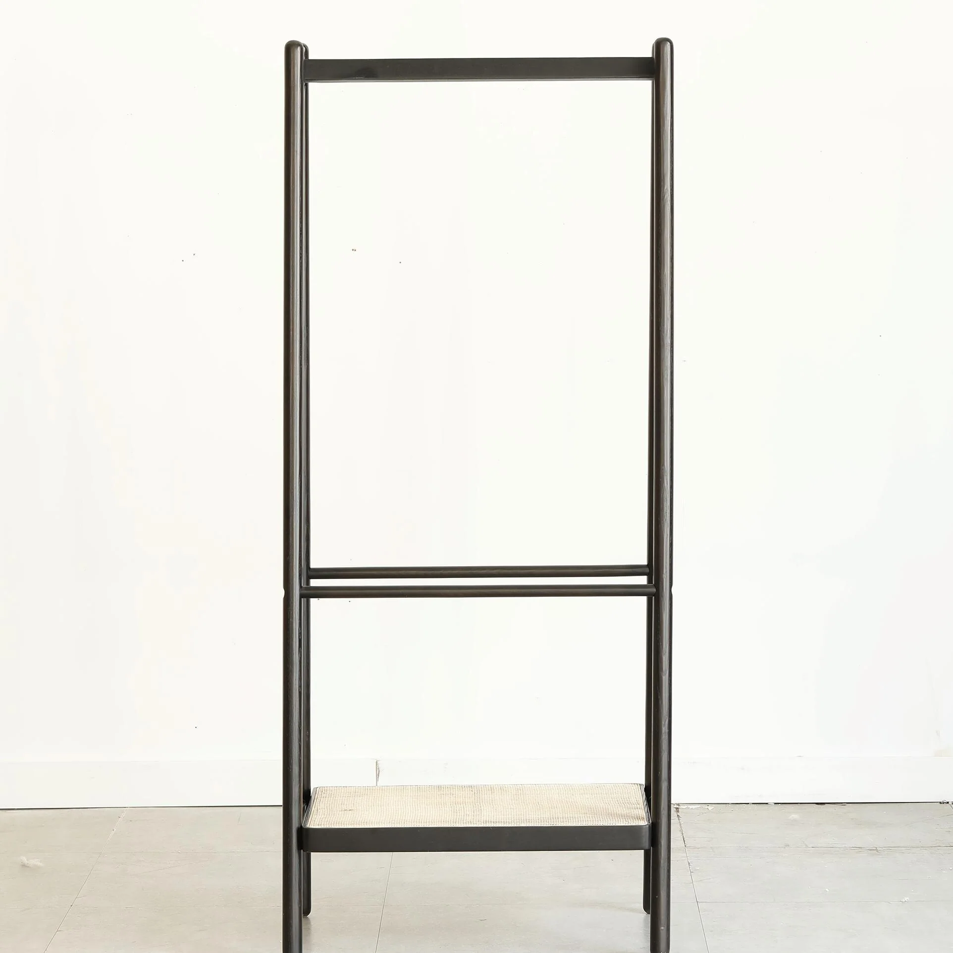 Solid Oak Clothes Rack with Rattan Shelves - Black