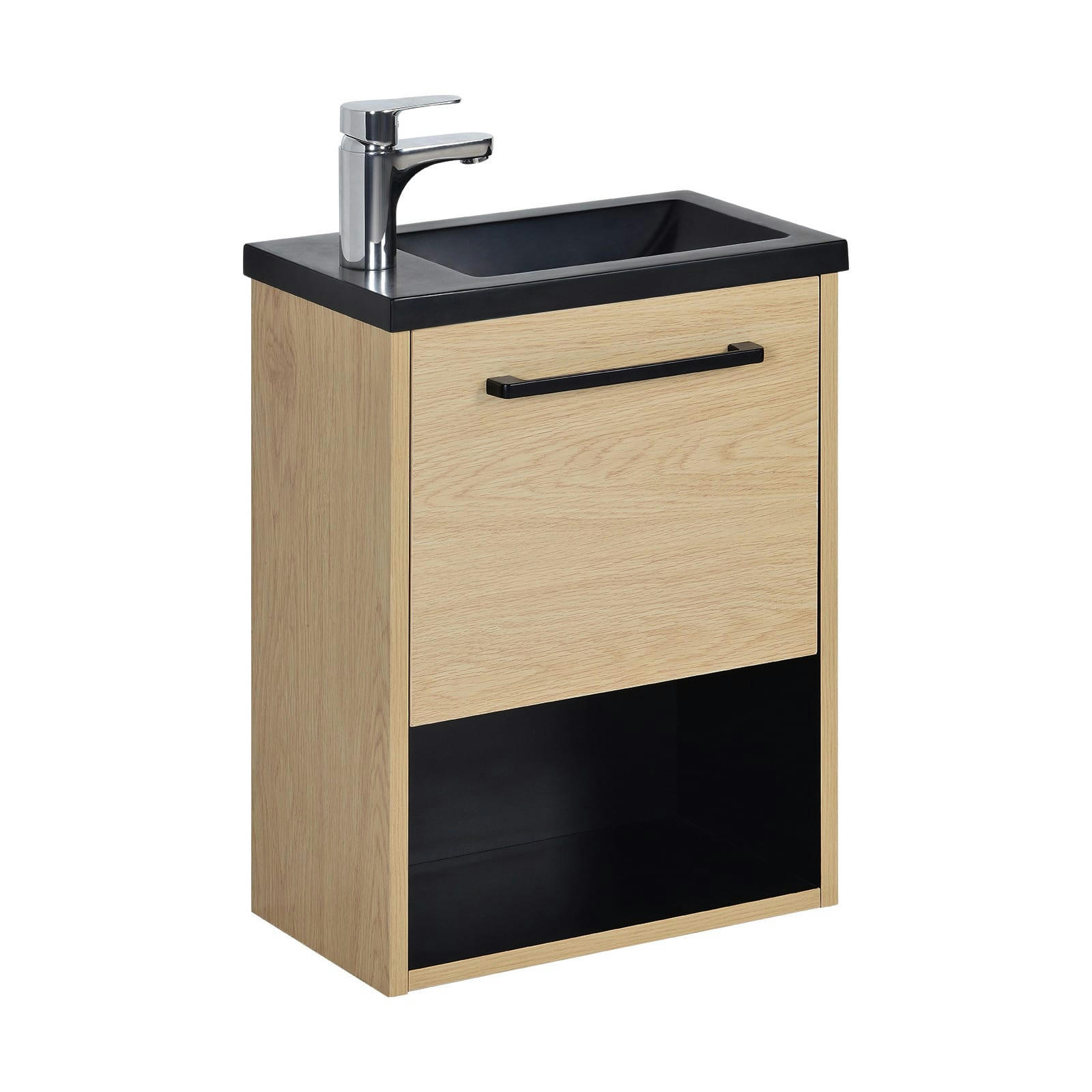 NIKA - Meuble lave-mains  Décor chêne intérieur noir + robinet chromé