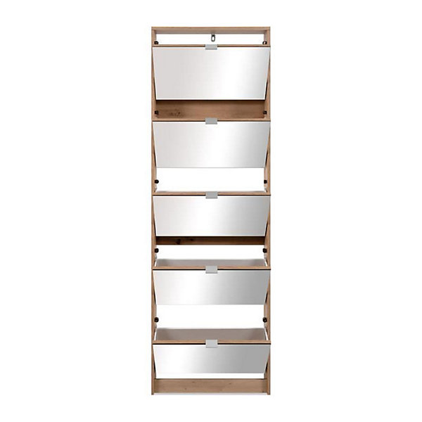 Meuble a chaussures - KOBLENZ - Chene artisan - 58 x 177 x 17 cm - 5 abattants - Facade miroir