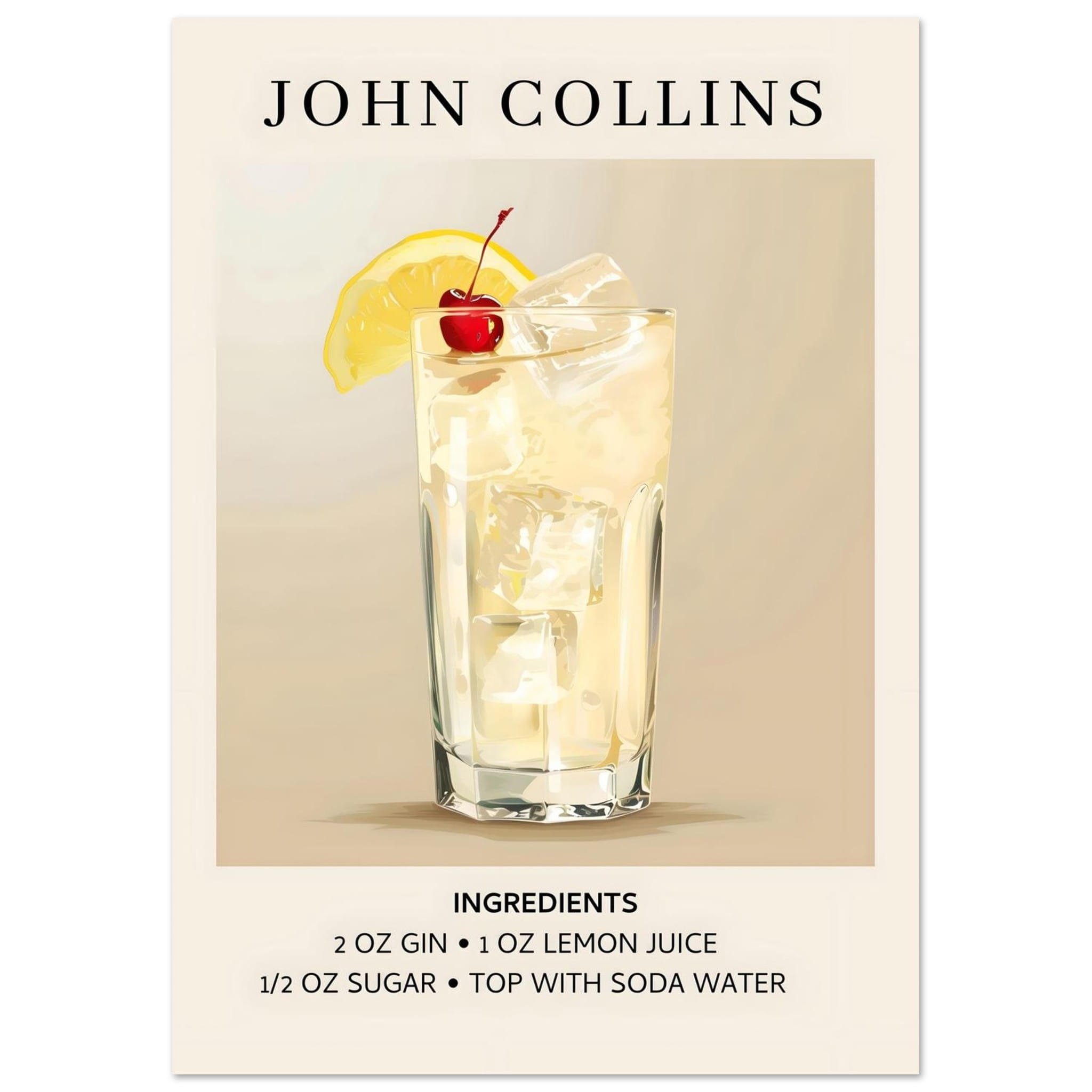Artfulprints Poster John Collins cocktail - Ingrediënten  - A4 21x29.7 cm - Taupe