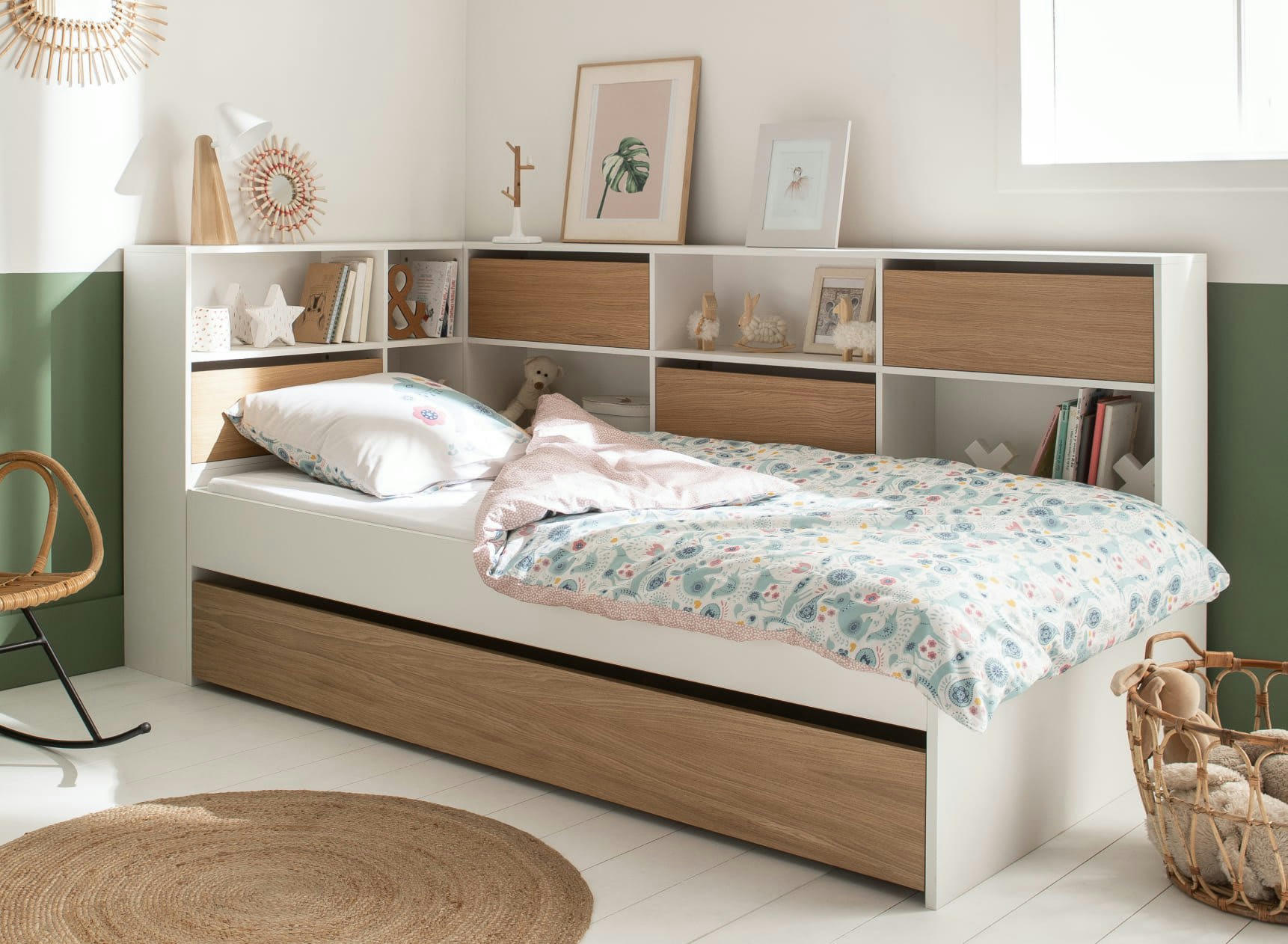 MANLY - Lit gigogne avec rangement 90x190 Blanc et Bois