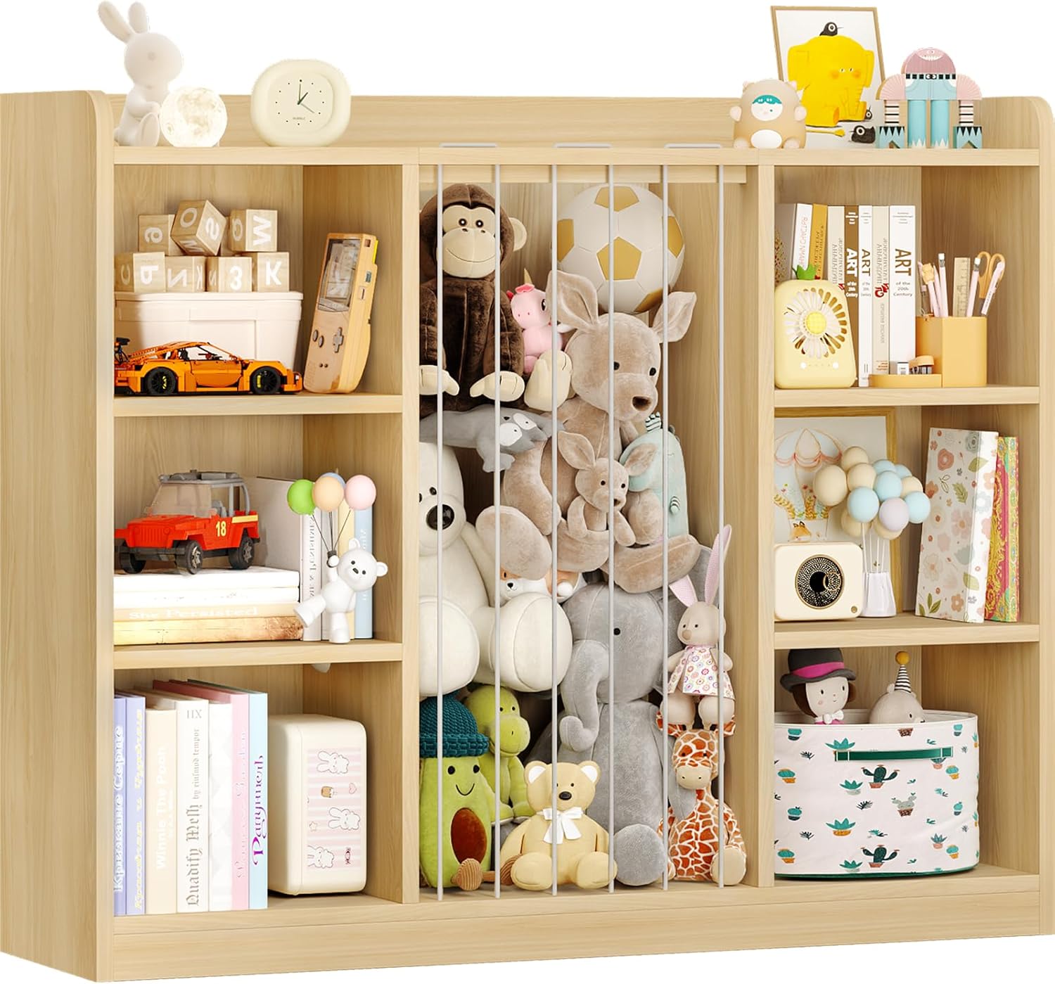 Toddler Stuffed Animal Zoo, Toy Storage Organizer for Playroom, Plush Toy Organizers and Storage, Book Shelf for Kids Rooms, Elastic Band Child Bookcase, Toy Shelf with 8 Storage Cubbies (Maple Wood)
