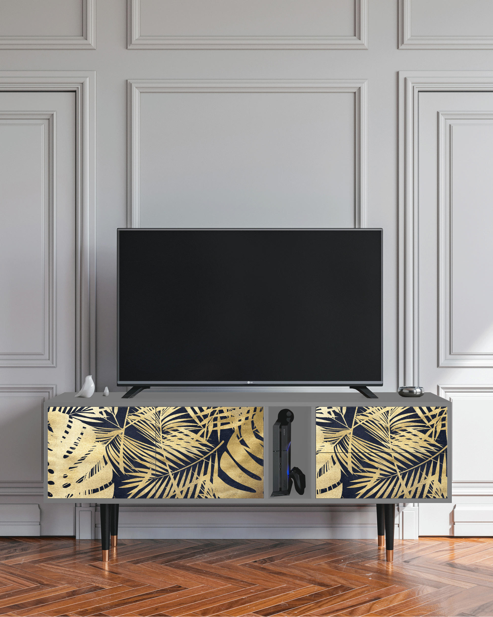 JUNGLE VIBES - Meuble TV  bleu et jaune 2 tiroirs et 2 portes L 170 cm