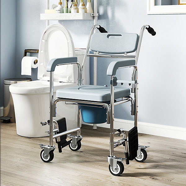 Chaise percée médicale à roulettes - repose-pieds, dossier, accoudoirs, pot amovible, support papier - alu blanc HDPE gris