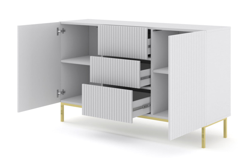 Ravenna B Komoda 150 2D3S frez MDF biały mat   RAMA ZŁOTA