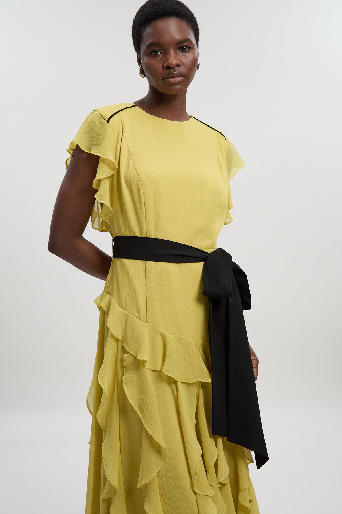 KarenMillen Ruffle detail chiffon belted woven maxi dress
