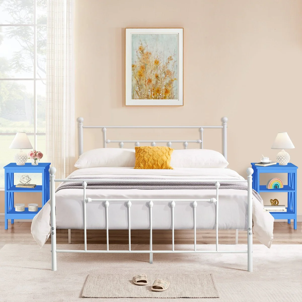 3-Pieces Bedroom Set with Platform Bed Frame and 2 Dark Blue Nightstands