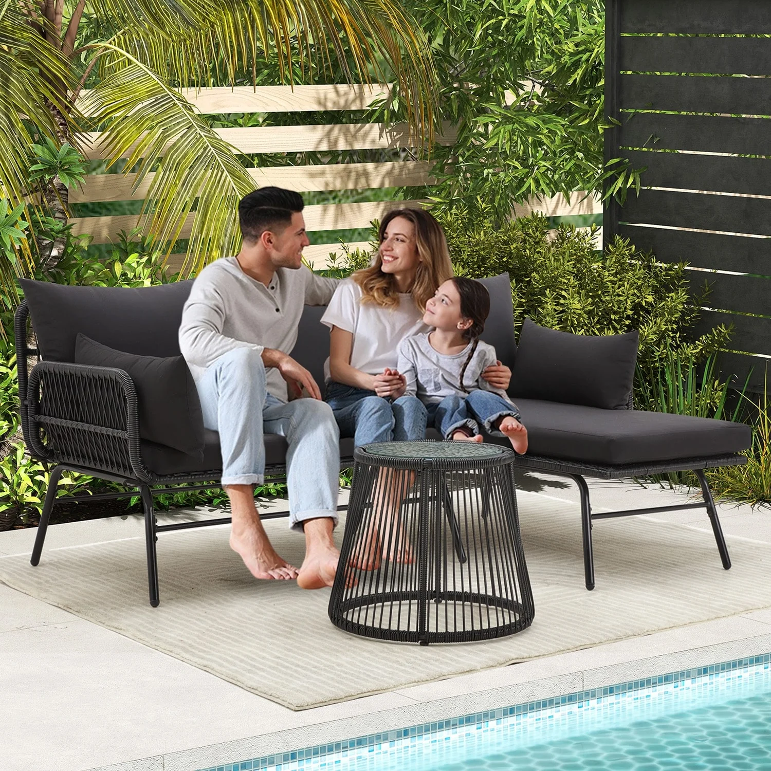 Sectional Wicker Conversation Sofa Set, 3 Piece Patio Furniture Set with Thick Cushions and Toughened Glass Coffee Table