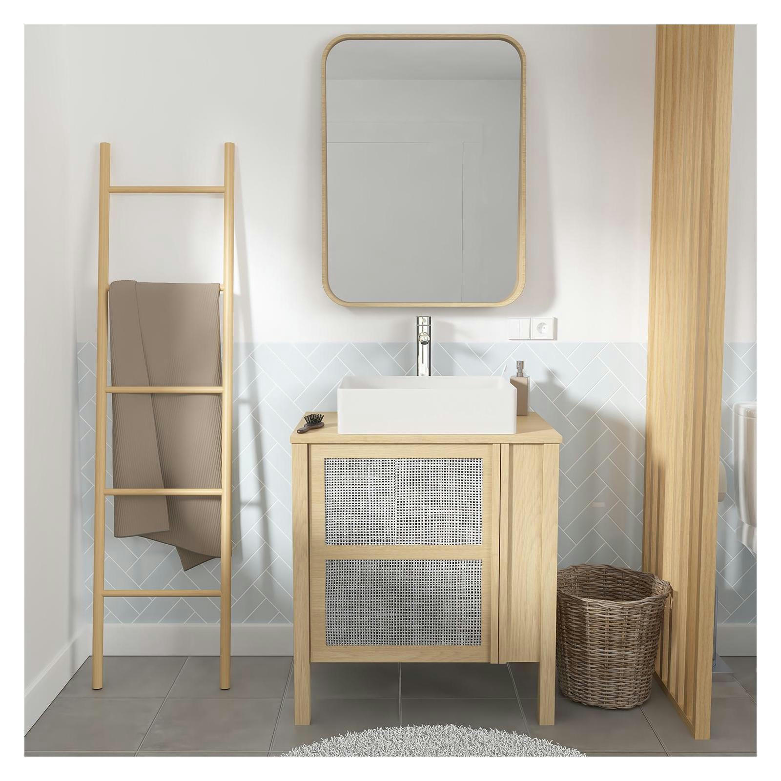 NESTO - Meuble simple vasque 70cm chêne  cannage + vasque + robinet + miroir