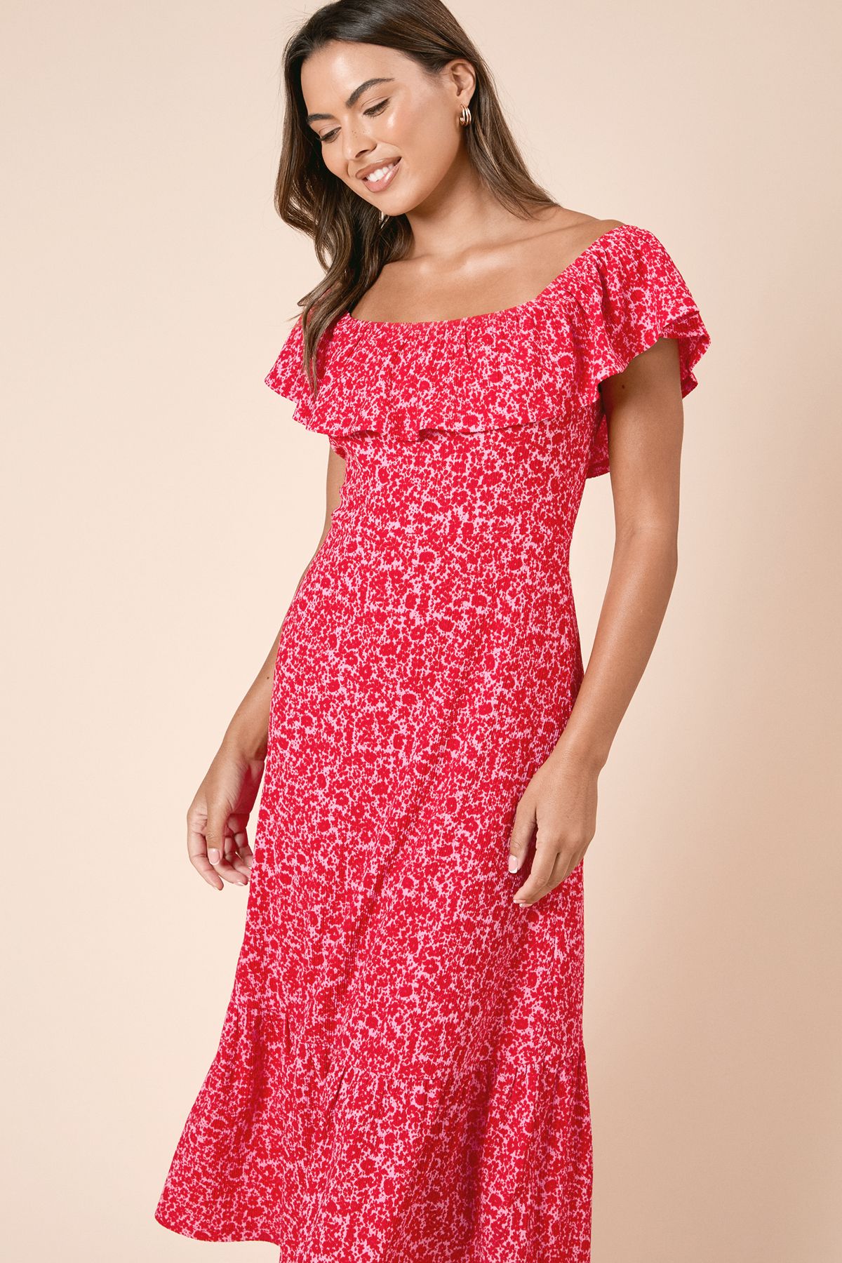 Dorothy Perkins Red Ditsy Frill Tiered Hem Jersey Midi Dress