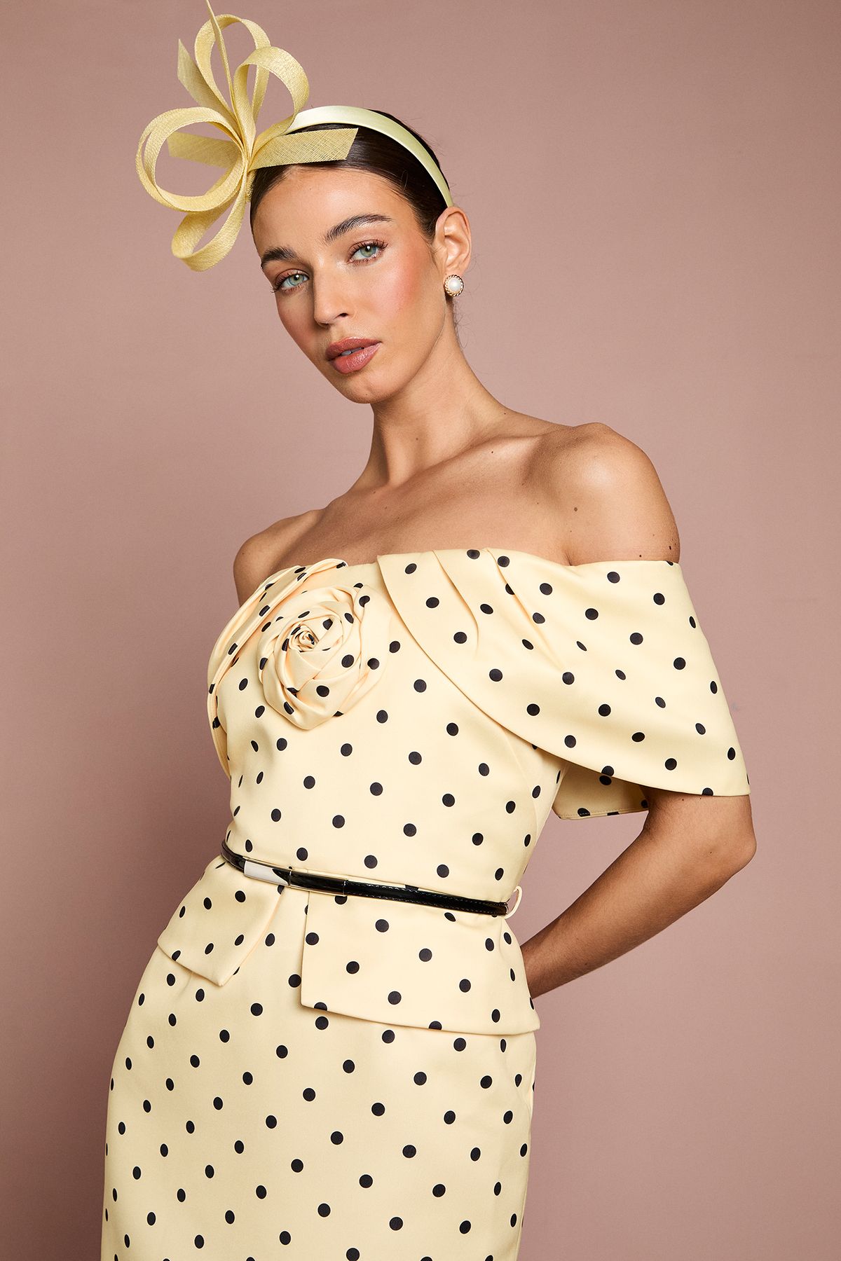 Coast Lisa Tan Spot Print Corsage Off The Shoulder Pencil Dress