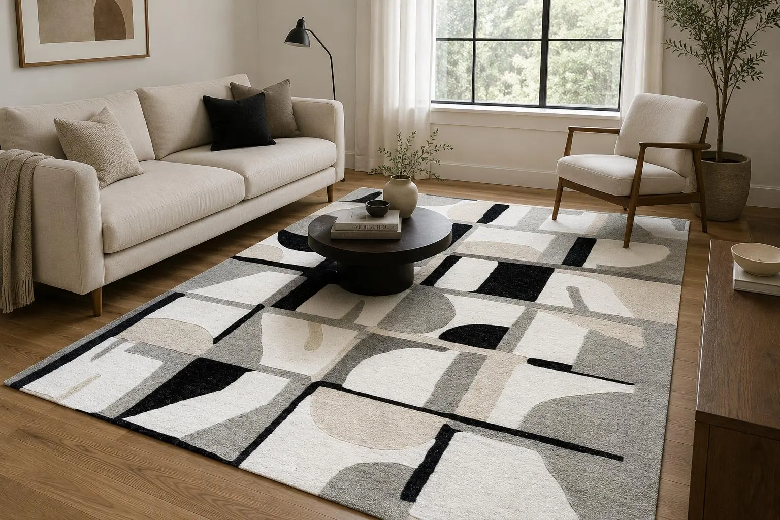 Hand-Tufted Wool Area Rug, Abstract Geometric Design, Neutral Cream Beige Black