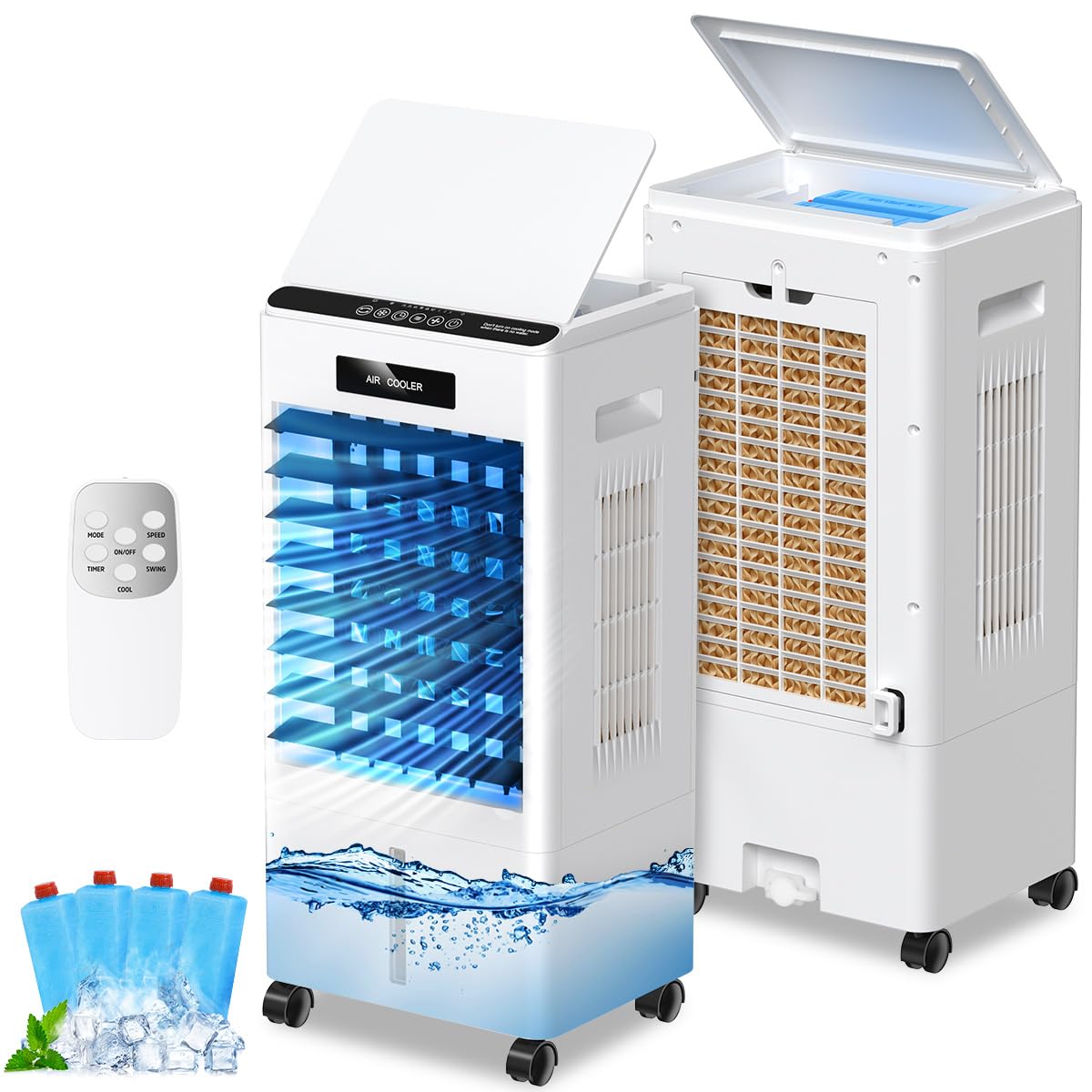 Portable Air Conditioners, 3-in-1 AC Cooling Fan 3 modes 3-Speed with Remote Control & 4 Ice Boxes, Evaporative Air Cooler with 8L Tank for 20H Cooling, for Home, Bedroom, Kitchen, Living Room (Black)