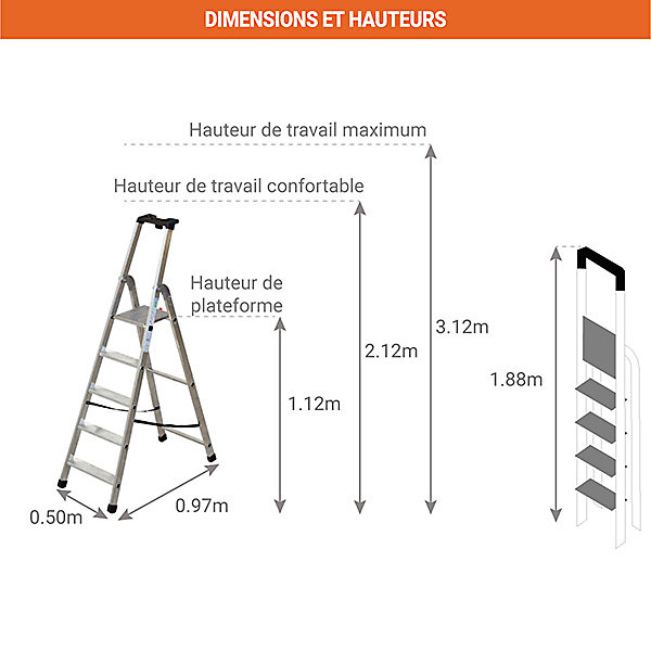 Escabeau 5 marches - Hauteur max. de travail 3.12m - Q50/5