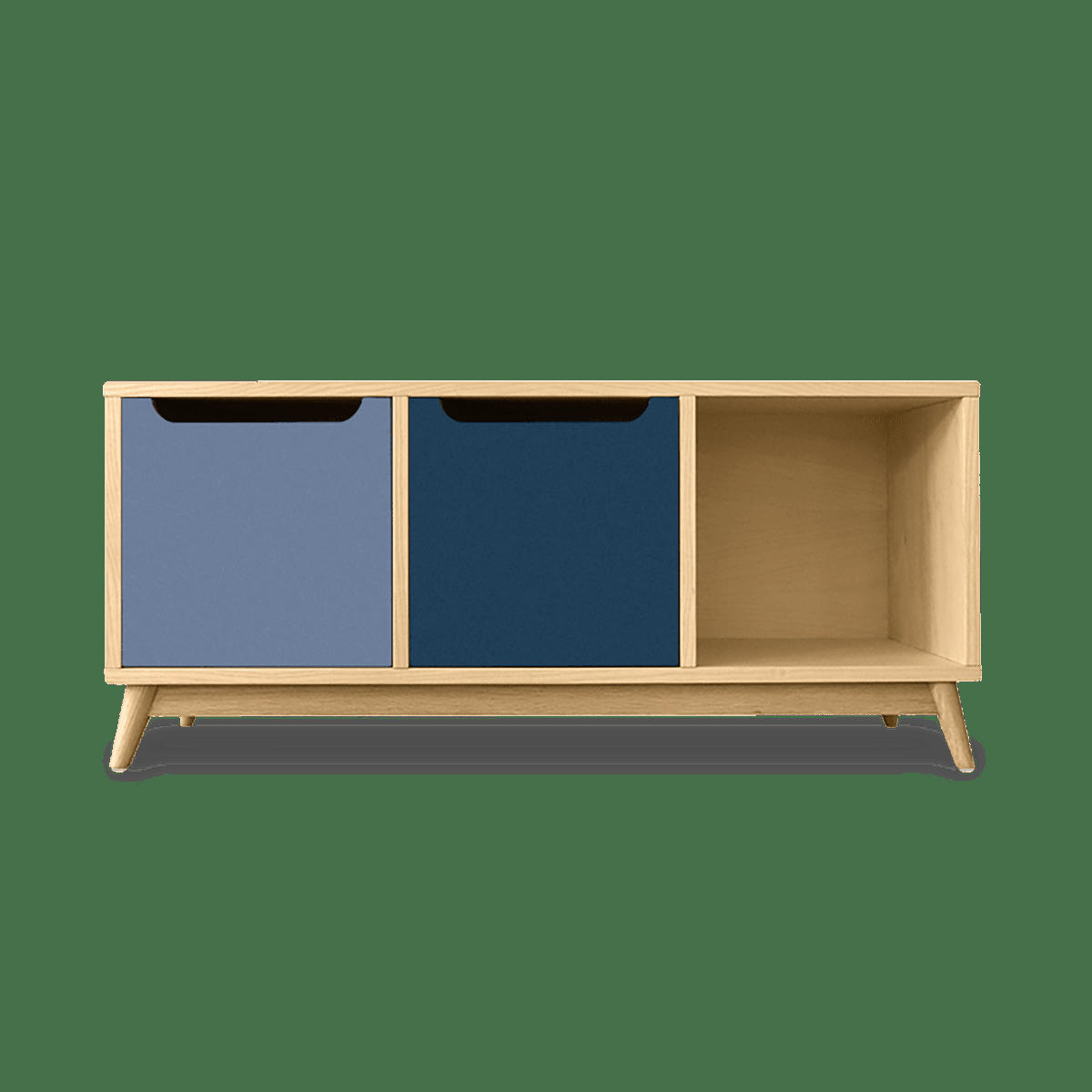 KILT - Meuble bas, 2 portes, 1 niche de rangement, chêne et bicolore bleu.