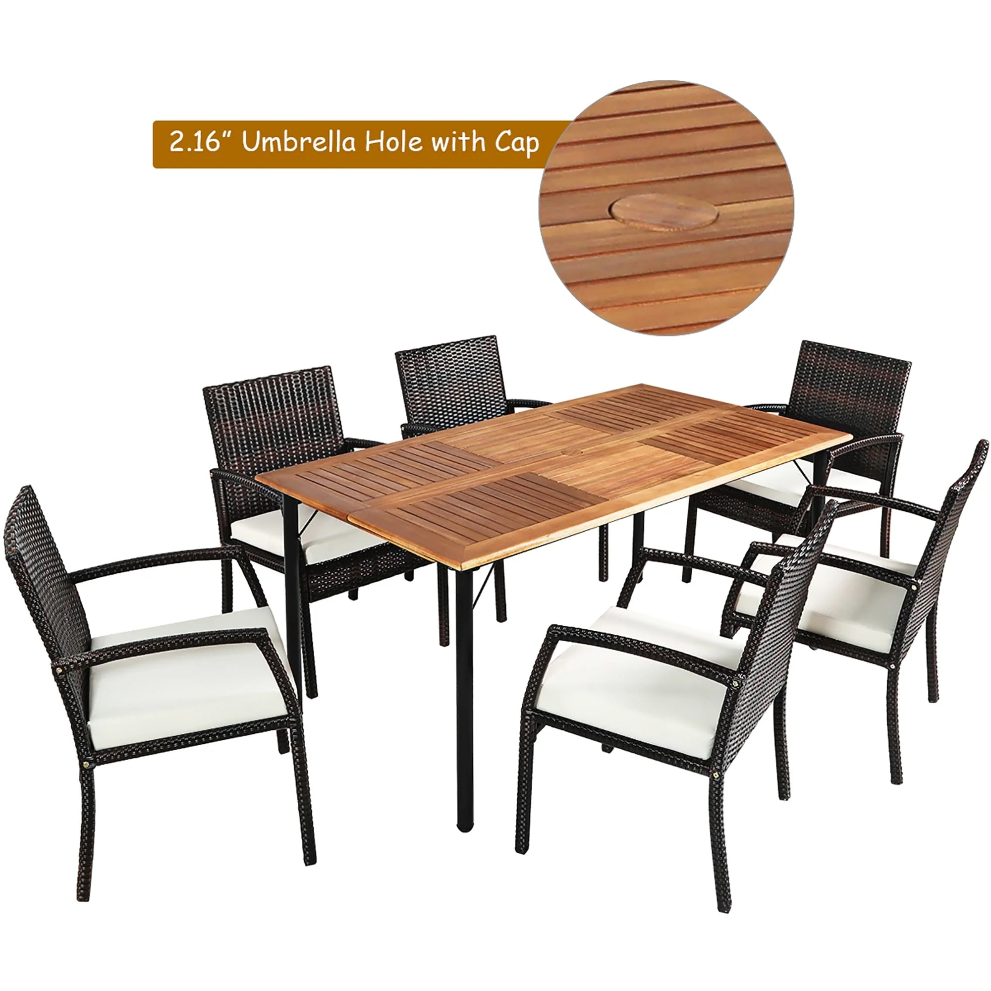Costway 7PCS Patio Rattan Dining Set Table Top W/Umbrella Hole - See Description