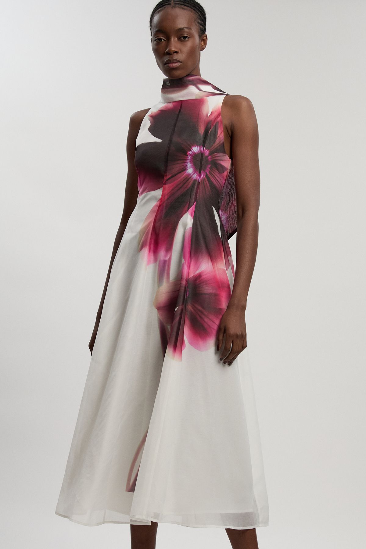 KarenMillen Photographic floral organza scarf detail woven maxi dress