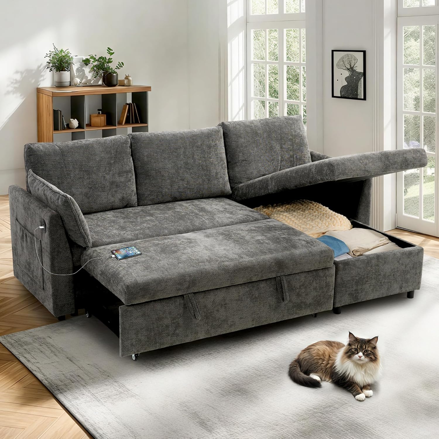FLEXISPOT XB5 78 Pull Out Couch Bed with Storage Chaise,3-Seater Sectional Sofa Bed with USB Charging Ports, 2-in-1 Convertible Sofa Couch for Living Room Apartment, Easy to Assemble(Gray)