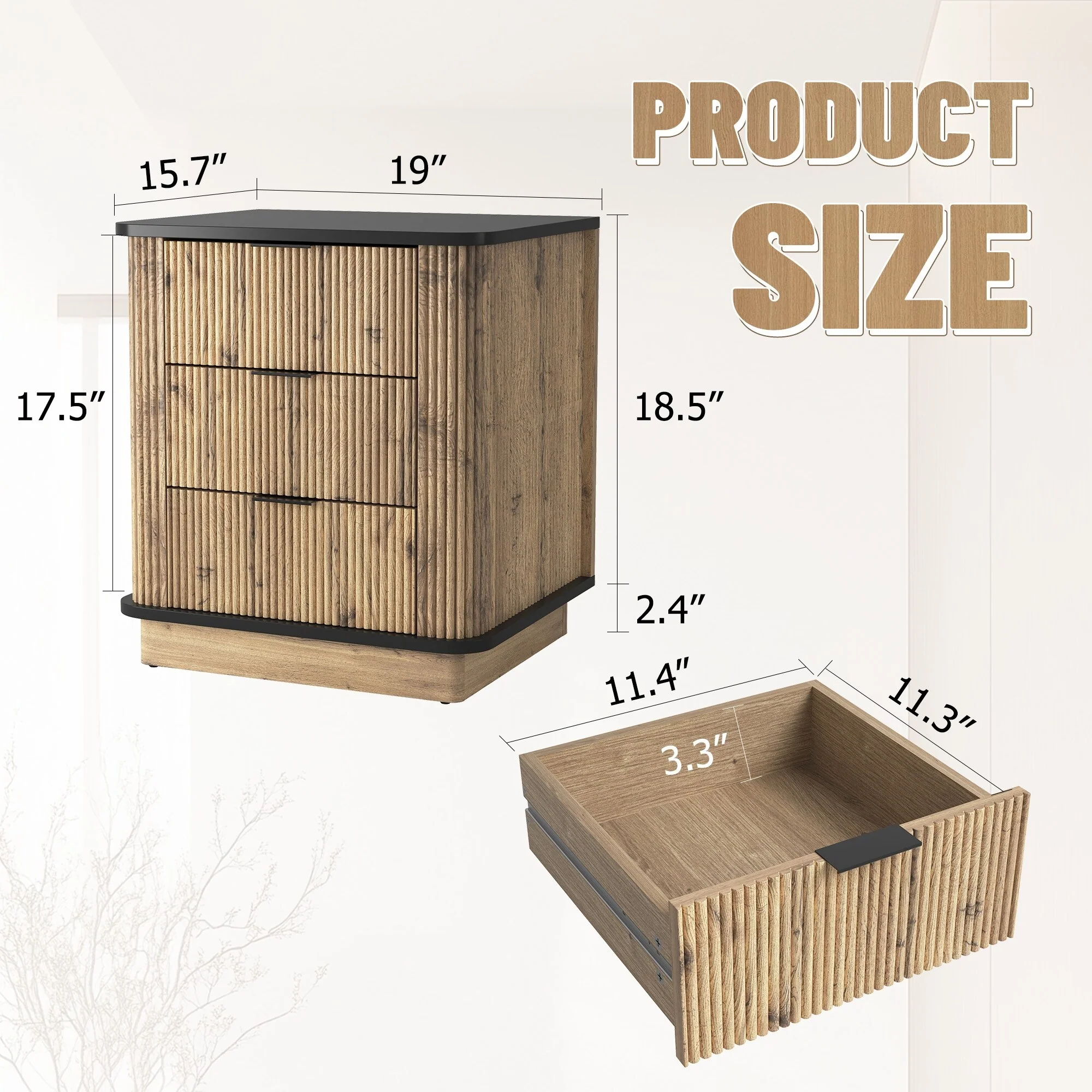 Three-drawer MDF Storage Nightstand, Bedside Cabinet for Bedroom