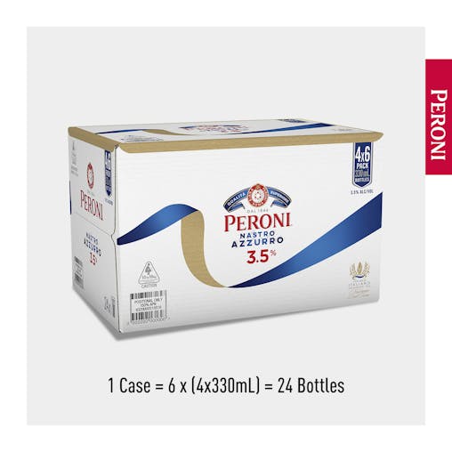 Peroni Nastro Azzurro 3.5%, Low Carb Beer, Light & Crisp, Mid-Strength Beer, 3.5% ABV, 330mL (Case of 24 Bottles)