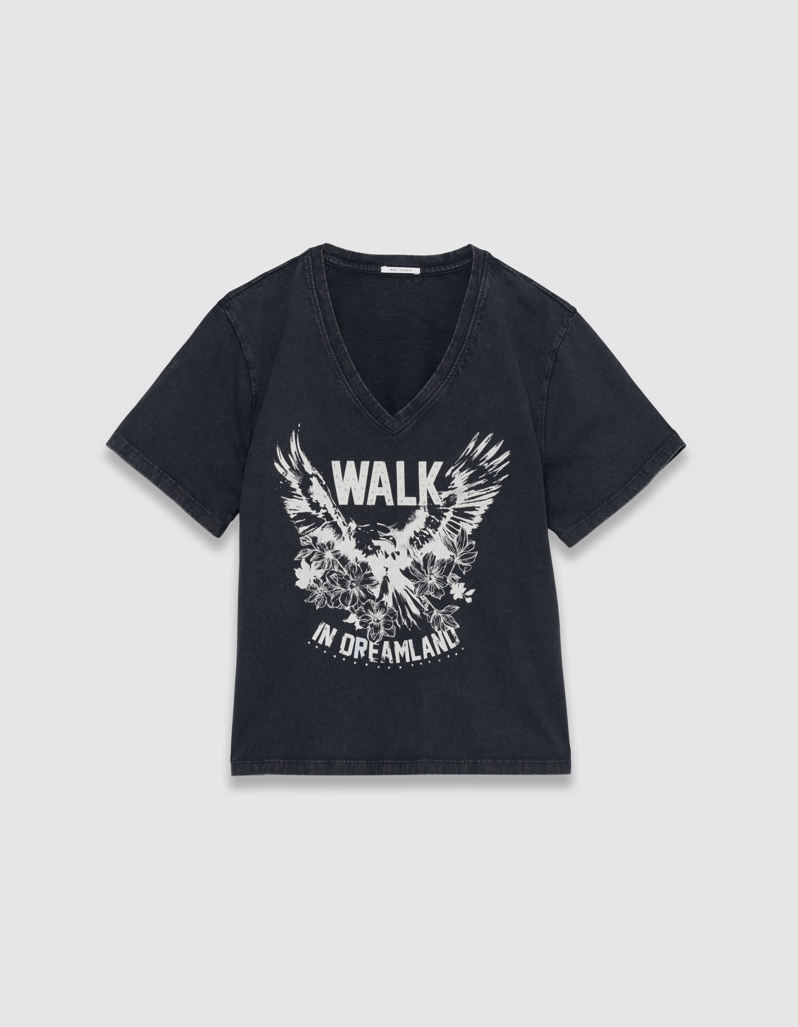 Tee-shirt col V noir coton bio délavé visuel aigle Femme
