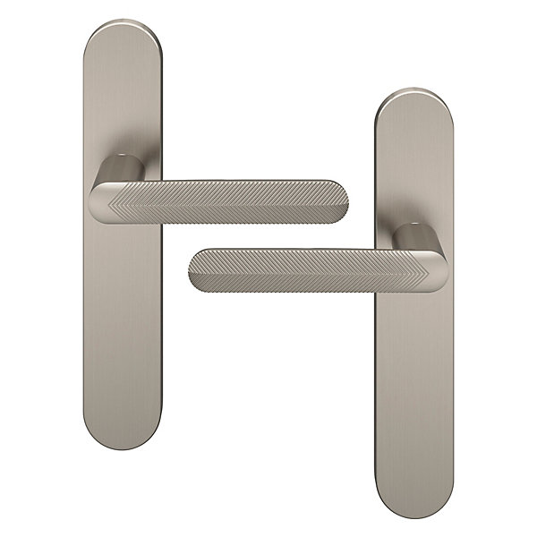 Ensemble poignée sur plaque rond GoodHome Garlan effet nickel satin gris L.125mm x l.42mm entraxe 165-195mm