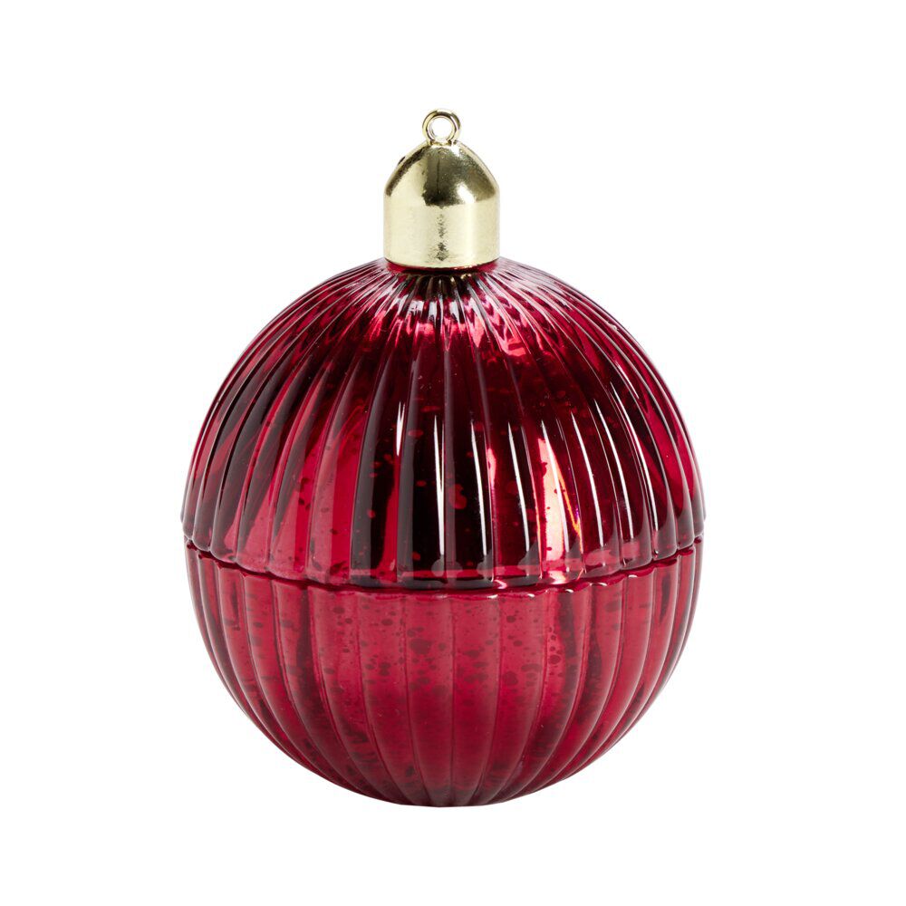 Bougie dans verre forme boule de No&euml;l Ø8xH10,5cm (4 modèles)